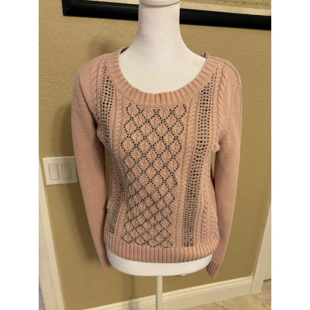 Bebe Pink Bling Long Sleeve Sweater, Cable Knit, Medium